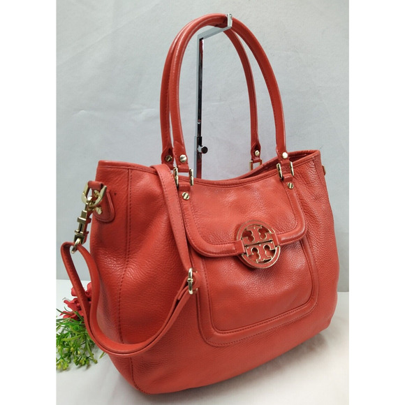 Tory Burch Amanda Red Leather Logo Pockets Satchel Shoulder Bag Purse - Picture 3 of 16